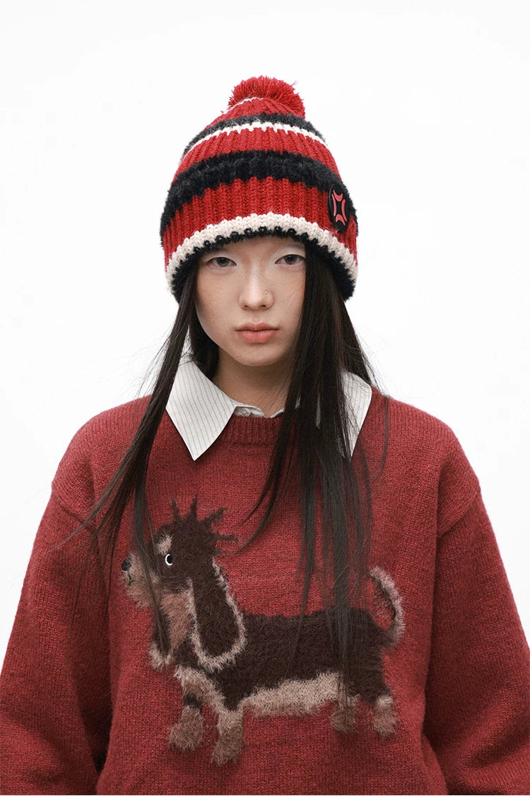 Punk Dog Faux Mink Jacquard Retro Color-Block Soft Knit Sweater