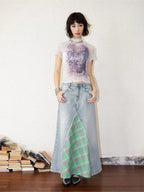 Lace Ruched Slim-Fit Printed Short Sleeve T-Shirt