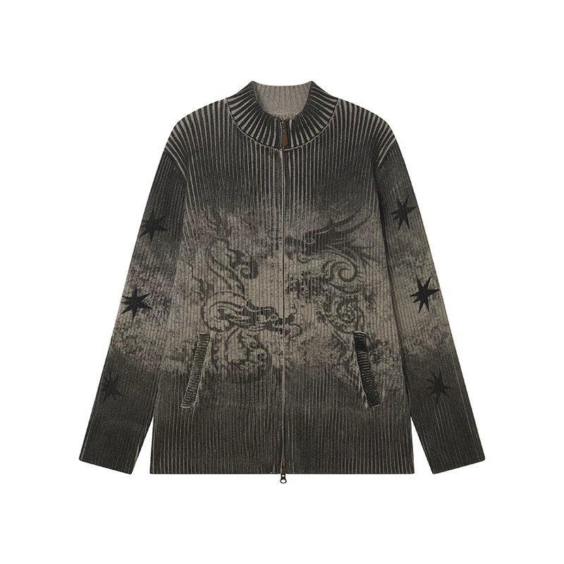 Chinese-Inspired Dragon Print Half-Zip Cardigan Sweater