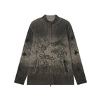 Chinese-Inspired Dragon Print Half-Zip Cardigan Sweater