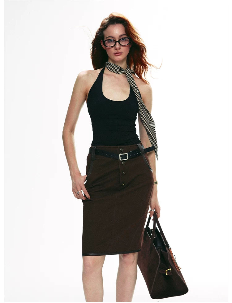 Vintage Contrast Leather Trim Utility Pencil Skirt