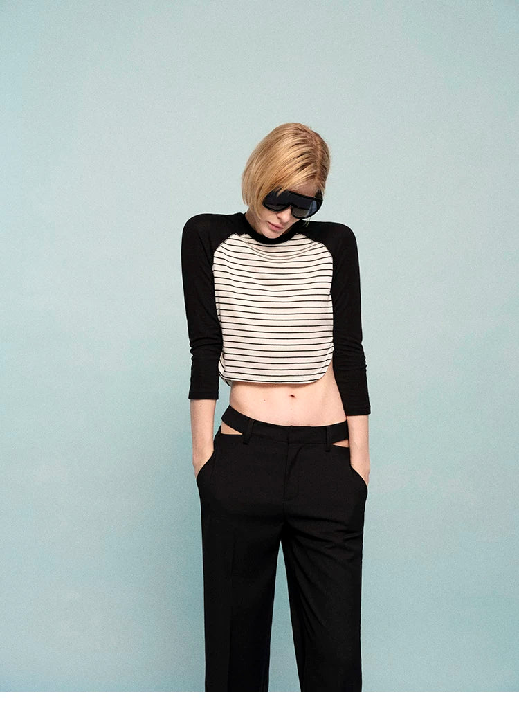 Contrast Raglan 3/4 Sleeve Curved Hem Cropped T-Shirt