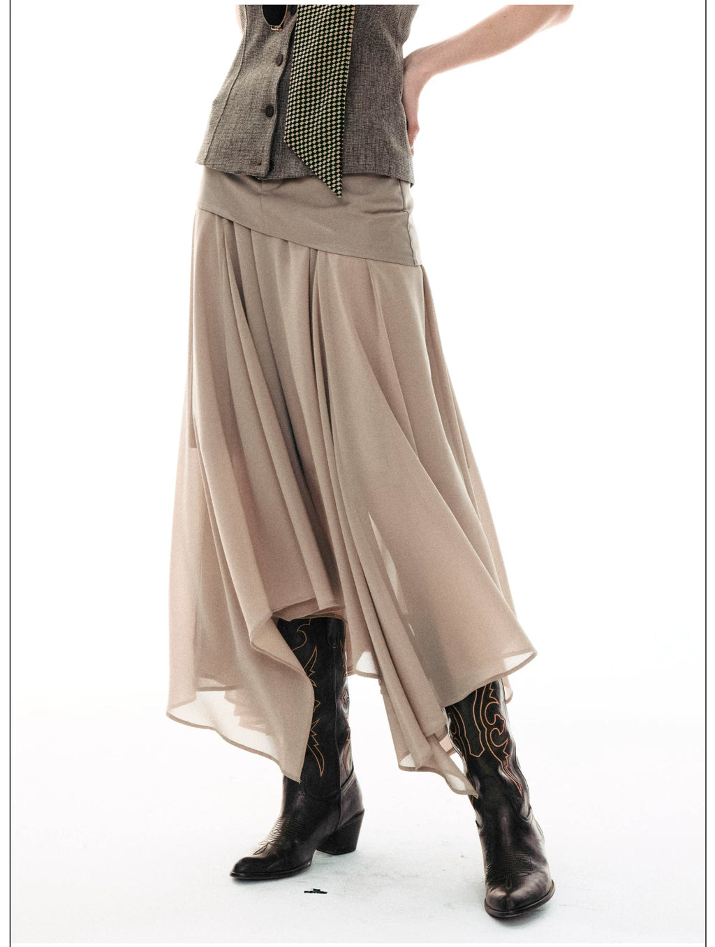 French-Inspired Faux Two-Piece Asymmetric Silk Skirt