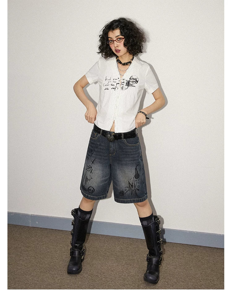 Rock Print Pleated Short Sleeve Shirt