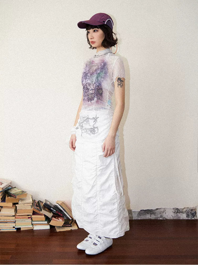 Lace Ruched Slim-Fit Printed Short Sleeve T-Shirt