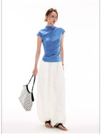 French-Inspired Mock Neck Ruched Slim-Fit Cap Sleeve Top