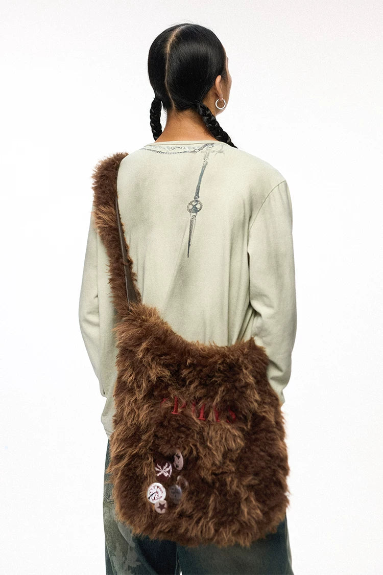 Brown Plush Embroidered & Leather Crossbody Bag – Large Capacity