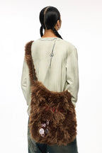 Brown Plush Embroidered & Leather Crossbody Bag – Large Capacity