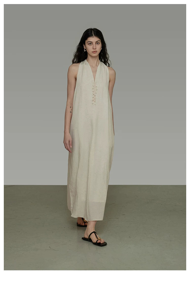 Halter Neck V-Neck Sleeveless A-Line Maxi Dress