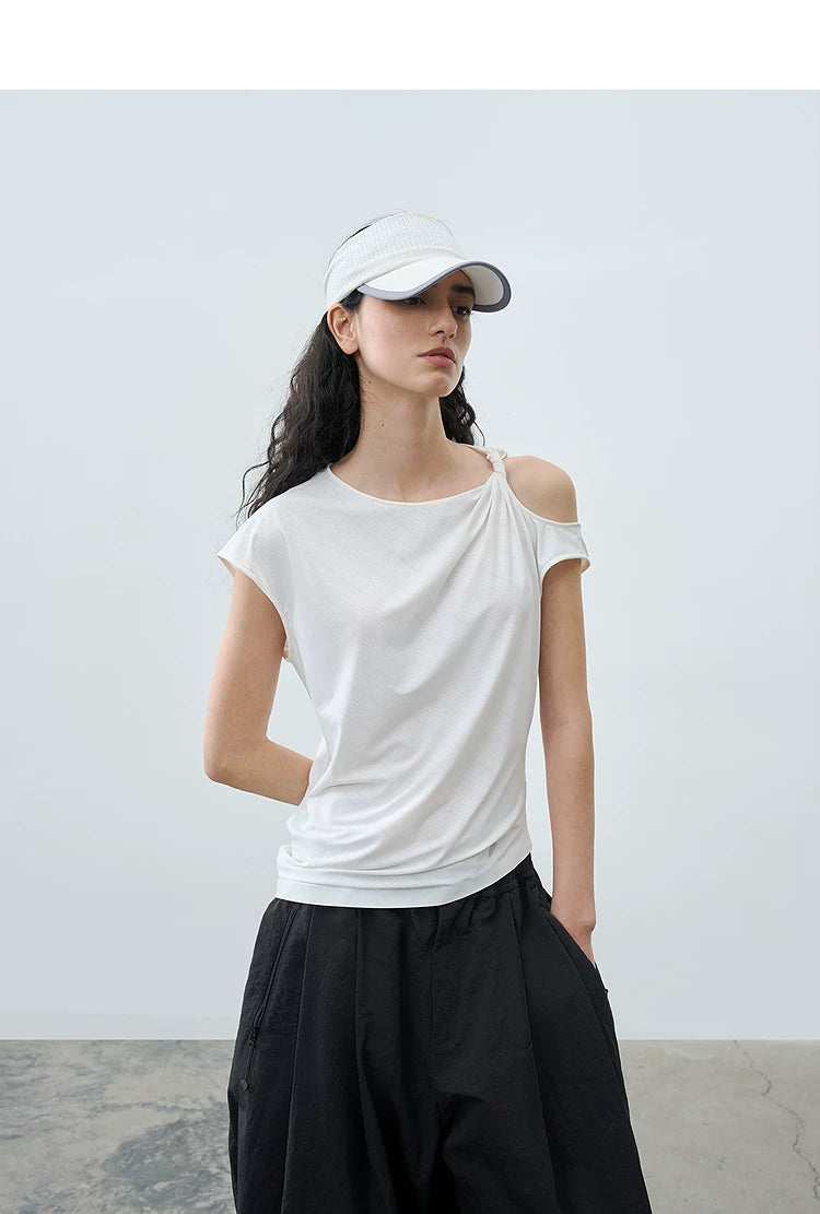 Slim Fit Round Neck Hollow Twist Knot Asymmetrical Hem T-Shirt