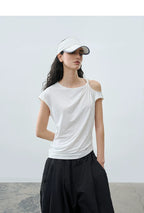 Slim Fit Round Neck Hollow Twist Knot Asymmetrical Hem T-Shirt