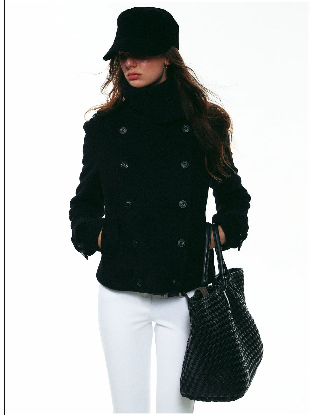 French-Inspired Double-Breasted Wool Twill Cropped Jacket