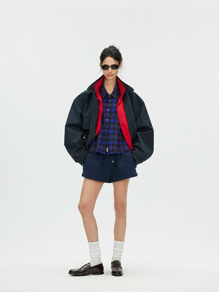 Contrast Trim Double-Placket Stand Collar Oversized Jacket