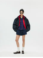Contrast Trim Double-Placket Stand Collar Oversized Jacket