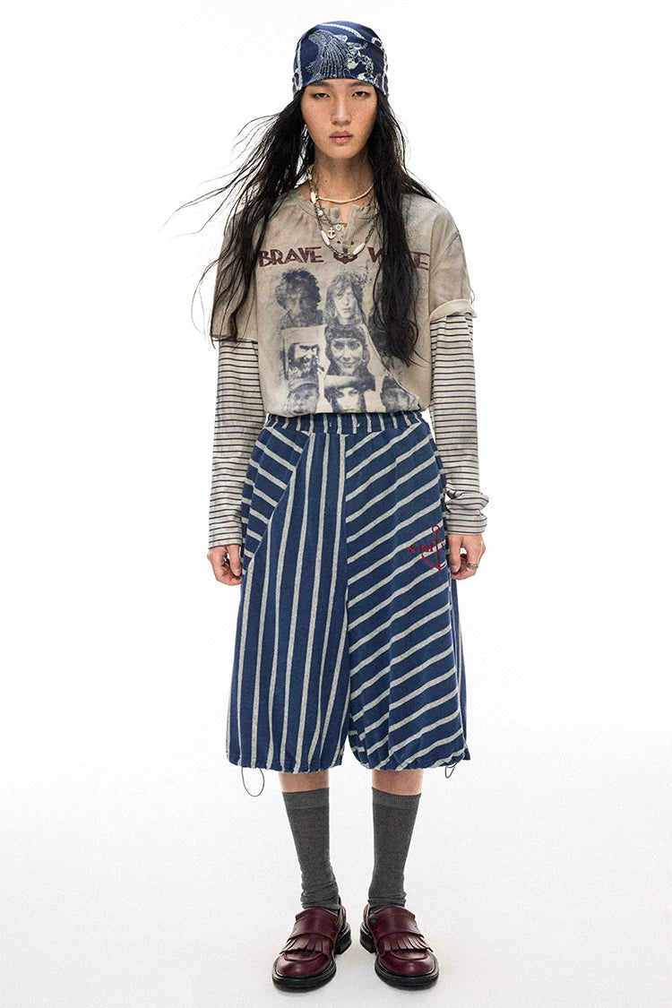Pirate Print Striped Henley Layered-Look T-Shirt