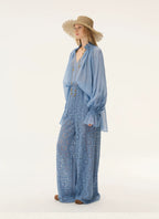 Blue Semi-Sheer Accordion Pleated Mock Neck Top