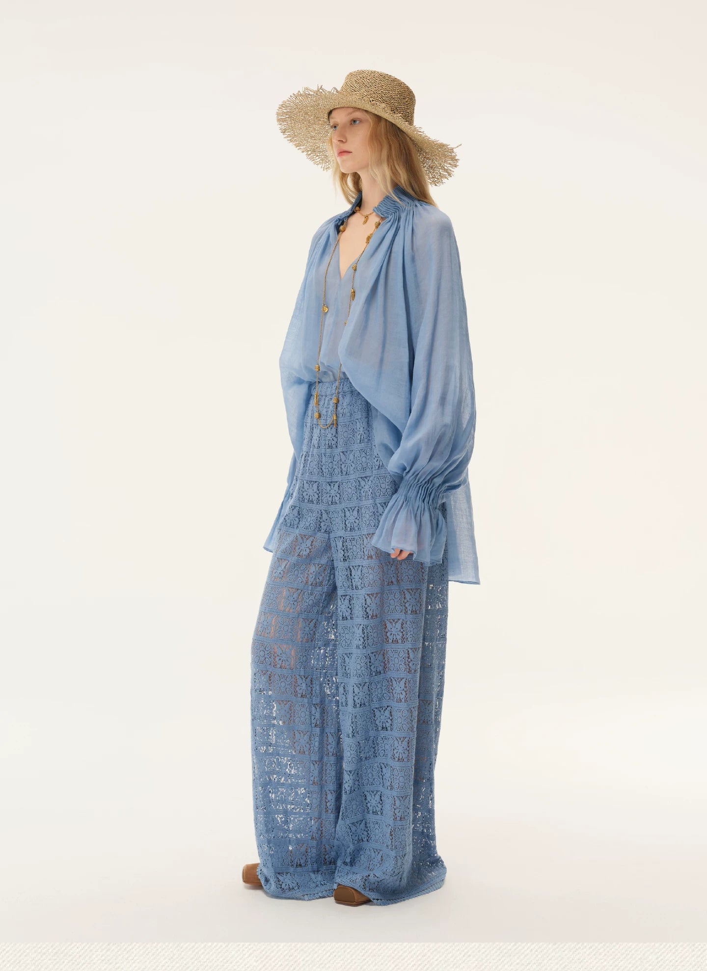 Blue Semi-Sheer Accordion Pleated Mock Neck Top