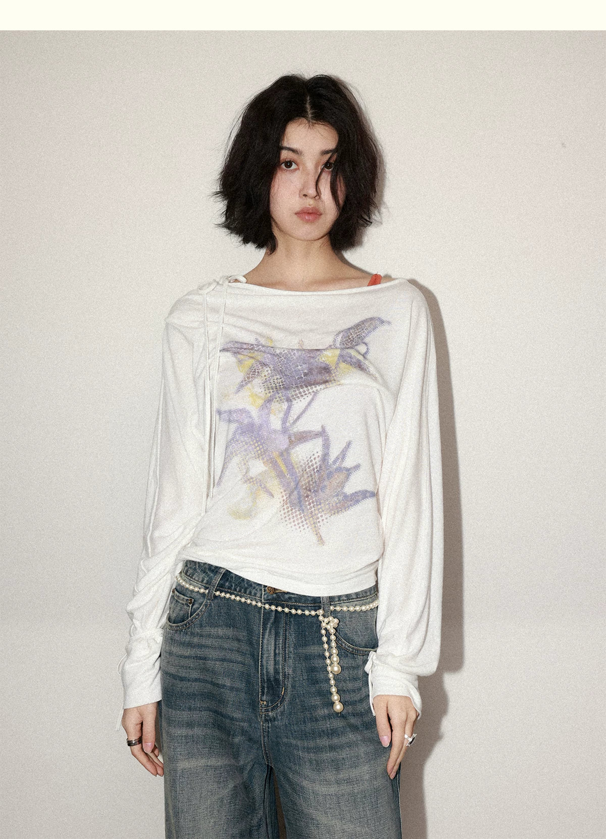 Orchid Print One-Shoulder Tie-Up Long Sleeve T-Shirt