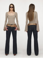 U-Neck Bell Sleeve Fitted Long Sleeve Top