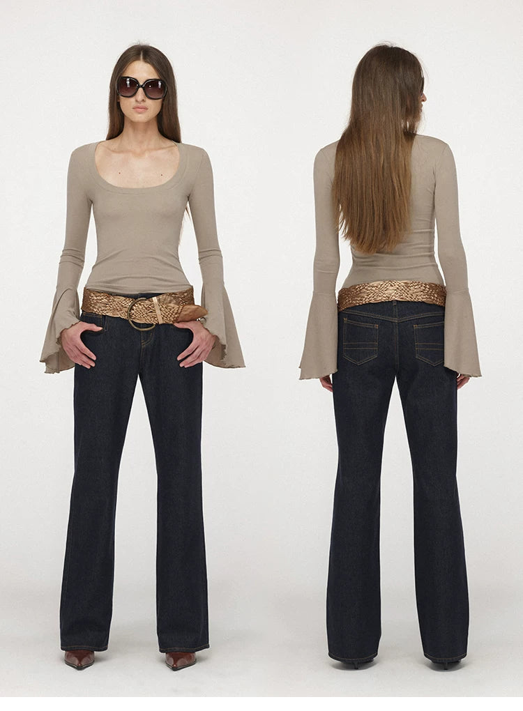 U-Neck Bell Sleeve Fitted Long Sleeve Top