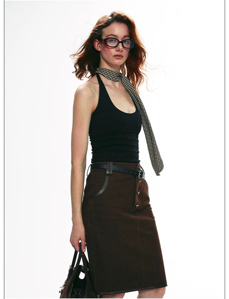 Vintage Contrast Leather Trim Utility Pencil Skirt