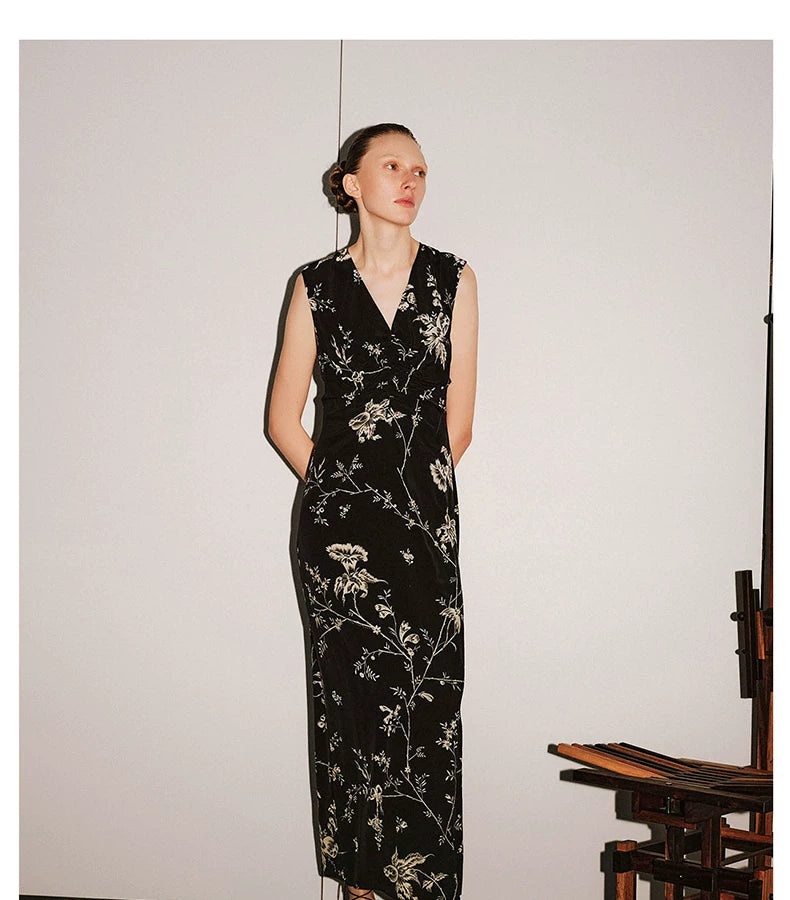Black Floral Vine Print Sleeveless Dress