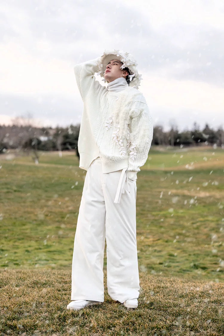 Vintage Asymmetric Chunky Knit Sweater with 3D Leaf Fringe