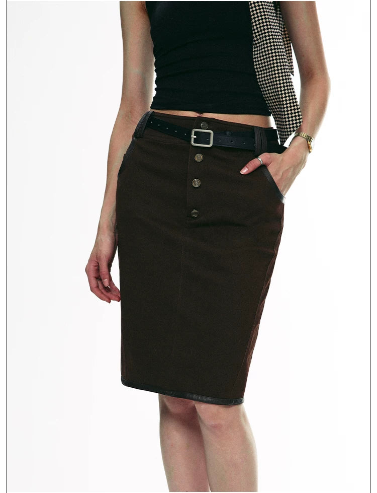 Vintage Contrast Leather Trim Utility Pencil Skirt