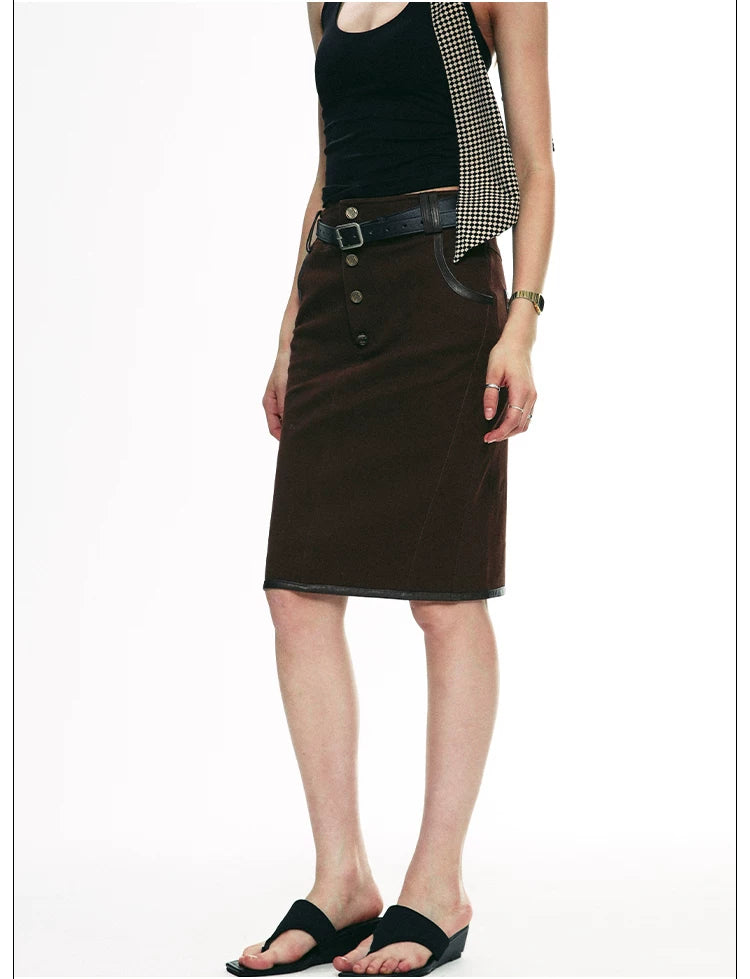Vintage Contrast Leather Trim Utility Pencil Skirt