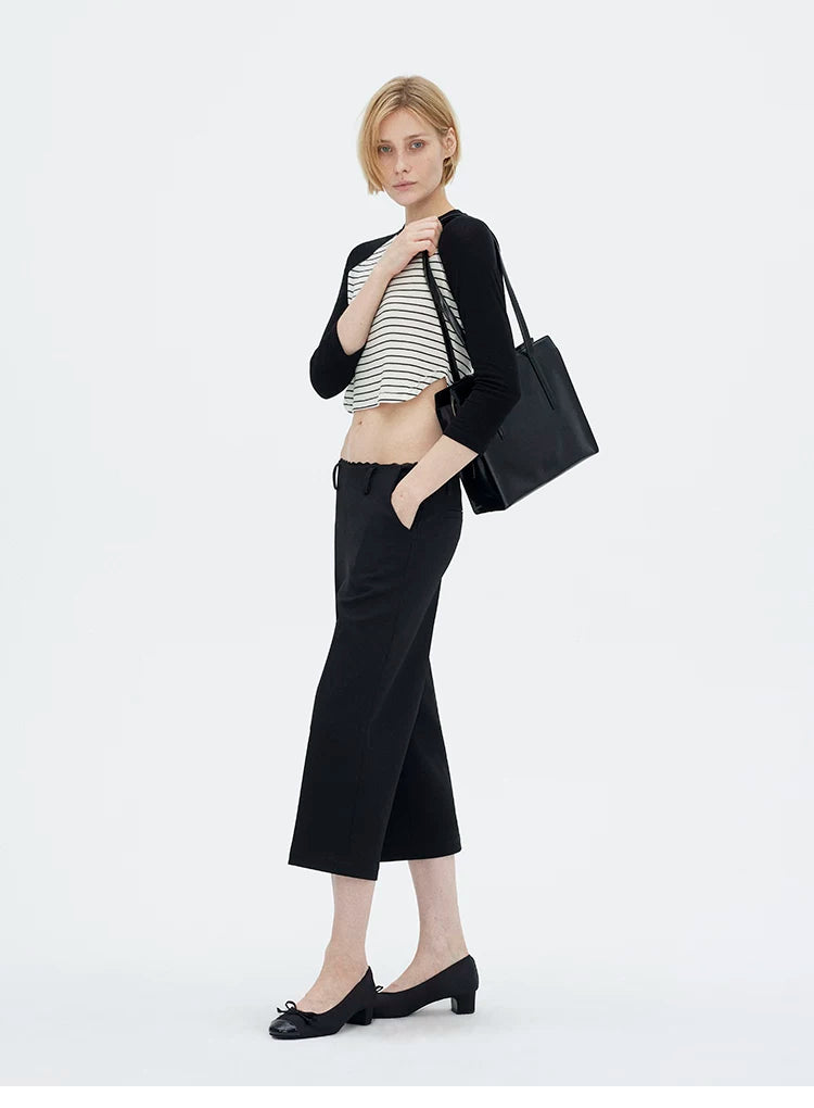 Lace Waist Straight-Leg Cropped Tailored Pants