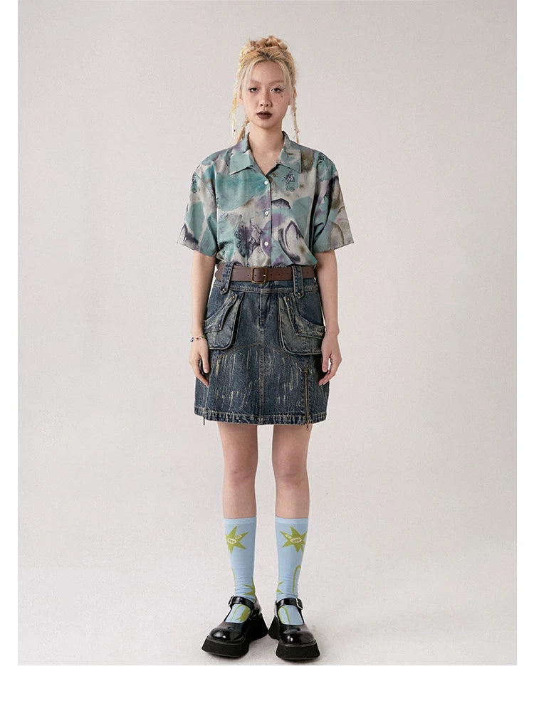 Retro Dye-Wash Graphic Short Sleeve Shirt