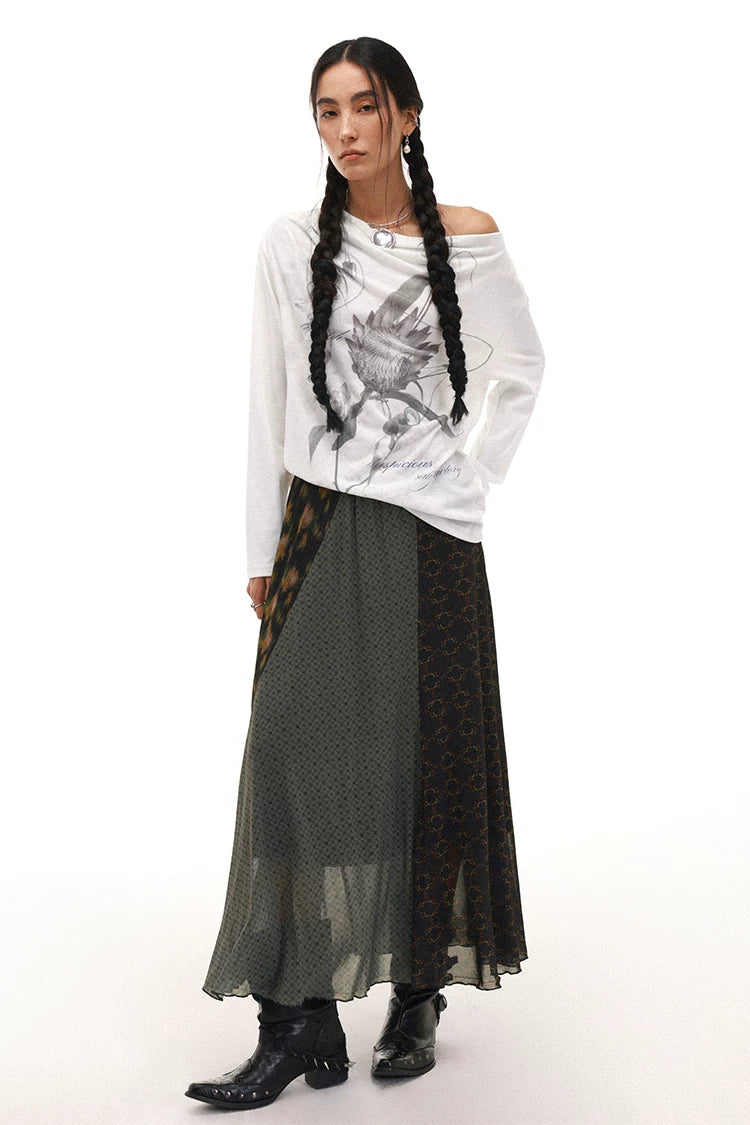 Floral Asymmetric Draped Midi Skirt