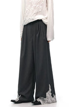 Draped Wool Trousers with Lace Patchwork
