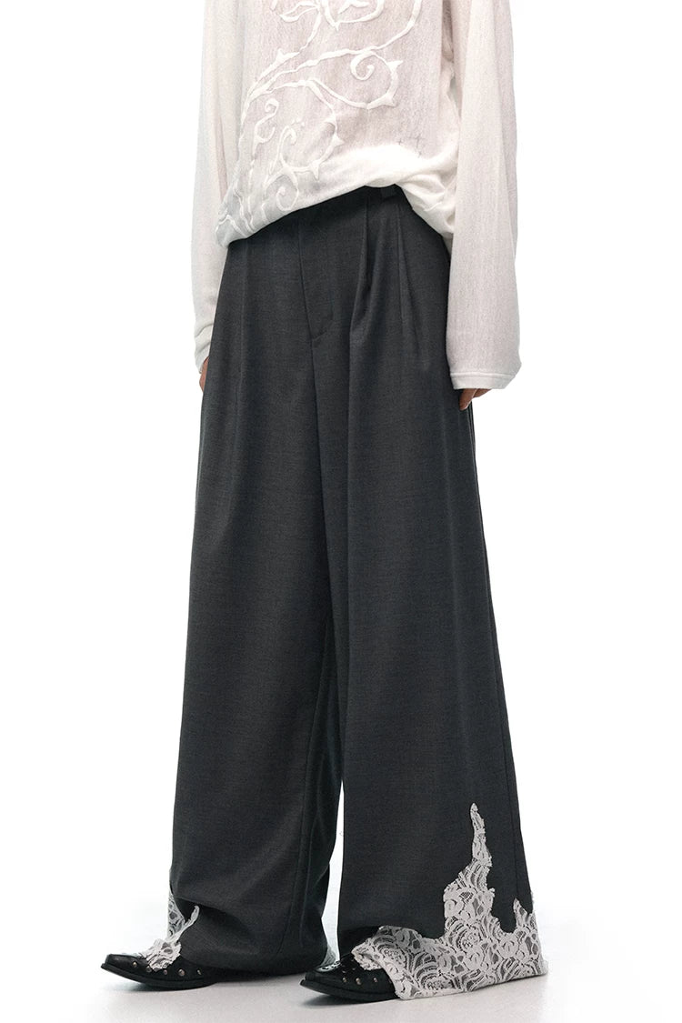 Draped Wool Trousers with Lace Patchwork