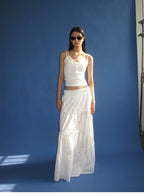 Wide Ribbed Waistband Tiered Crinkle Maxi Skirt