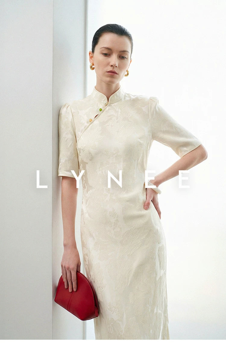 Jacquard Bias-Cut Mid-Sleeve Cheongsam Dress