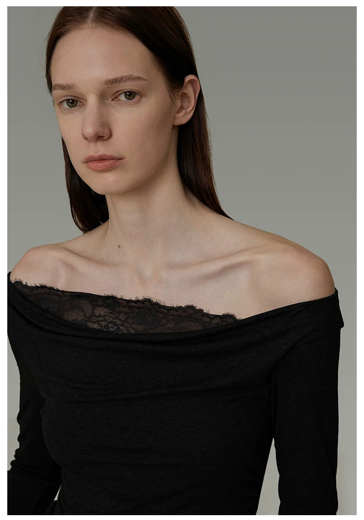 Lace Patchwork Off-Shoulder Knit Top
