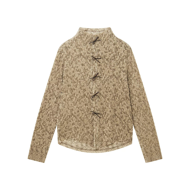 Elegant Jacquard Lace Patchwork Mandarin Collar Shirt
