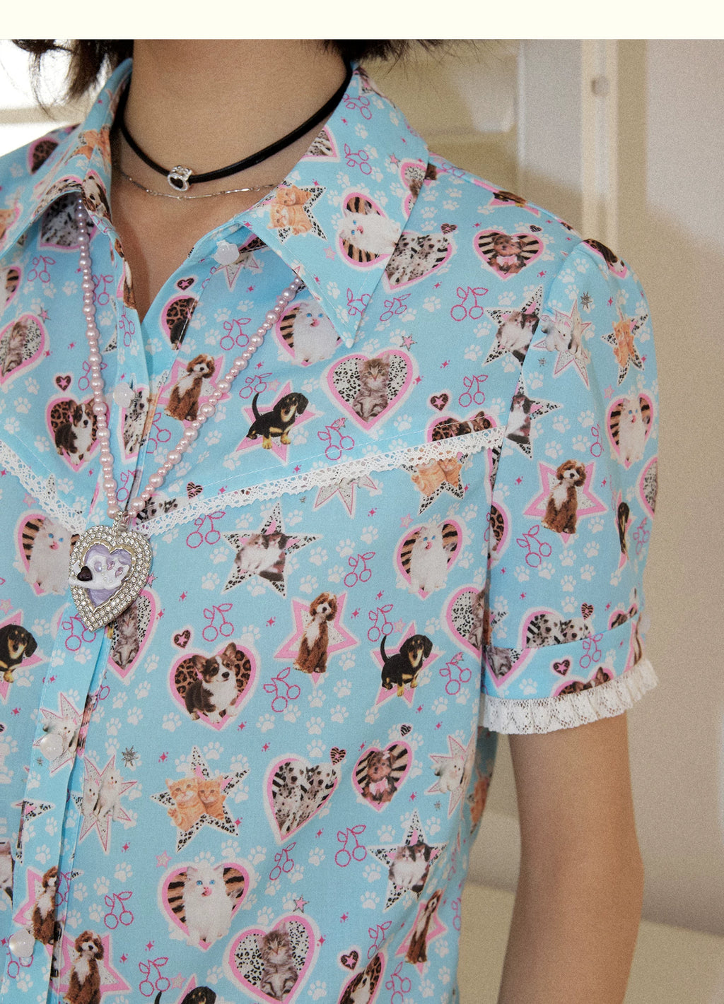 Playful Pet Lace Trim Short Sleeve Shirt