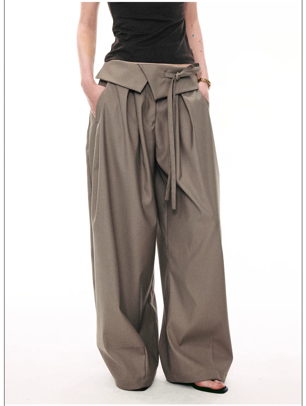 French Style Foldover Wide-Waist Tie Loose Wide-Leg Pants