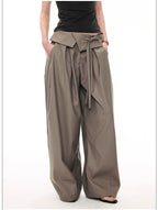 French Style Foldover Wide-Waist Tie Loose Wide-Leg Pants