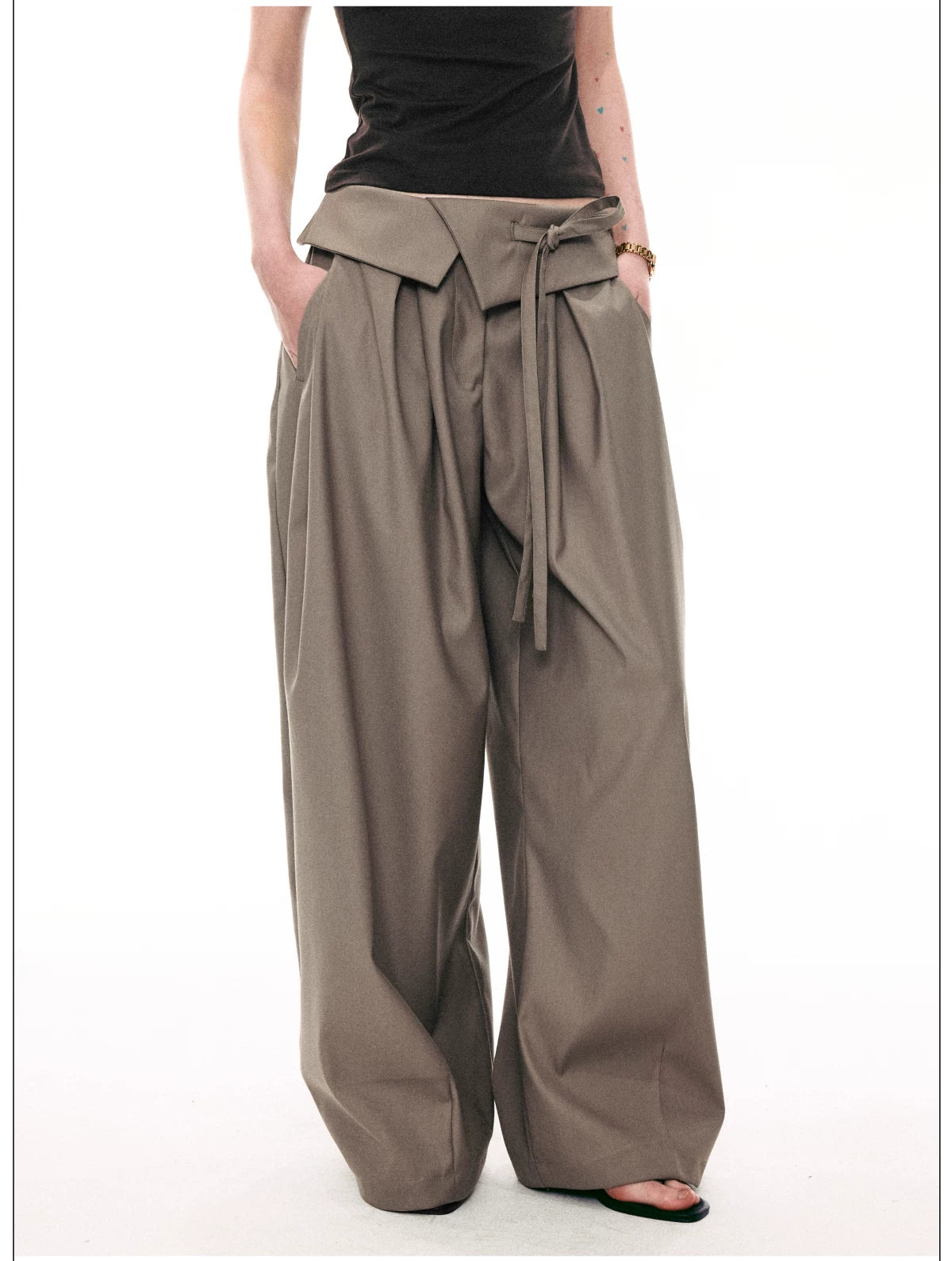 French Style Foldover Wide-Waist Tie Loose Wide-Leg Pants