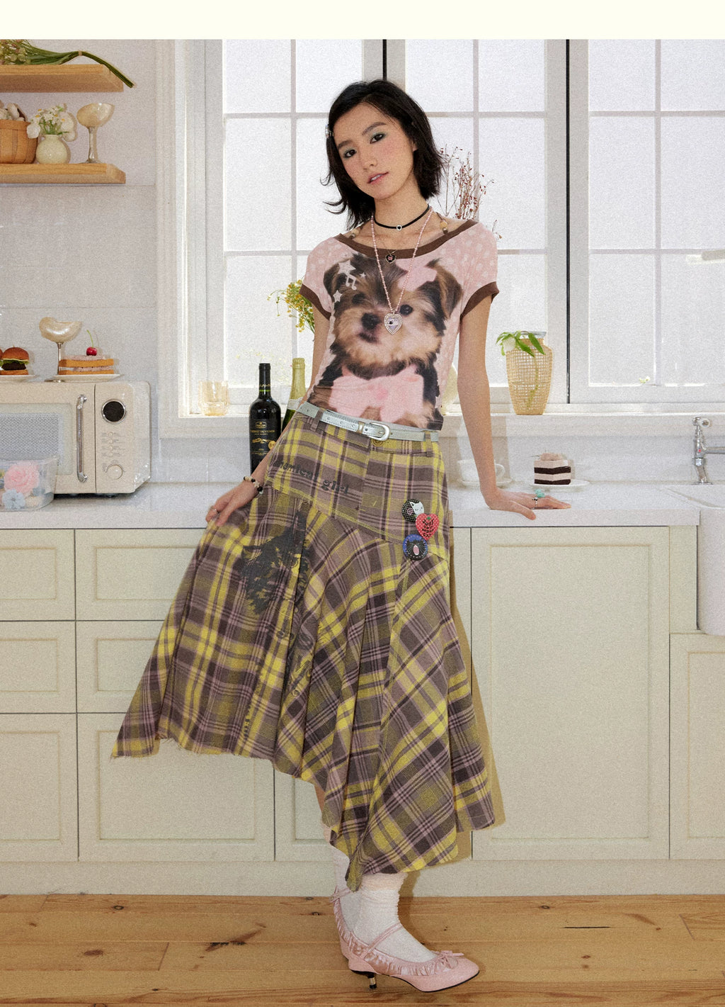 Puppy Polka Dot Contrast Crop T-Shirt