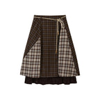 Vintage Plaid Lace Patchwork Layered Midi Skirt