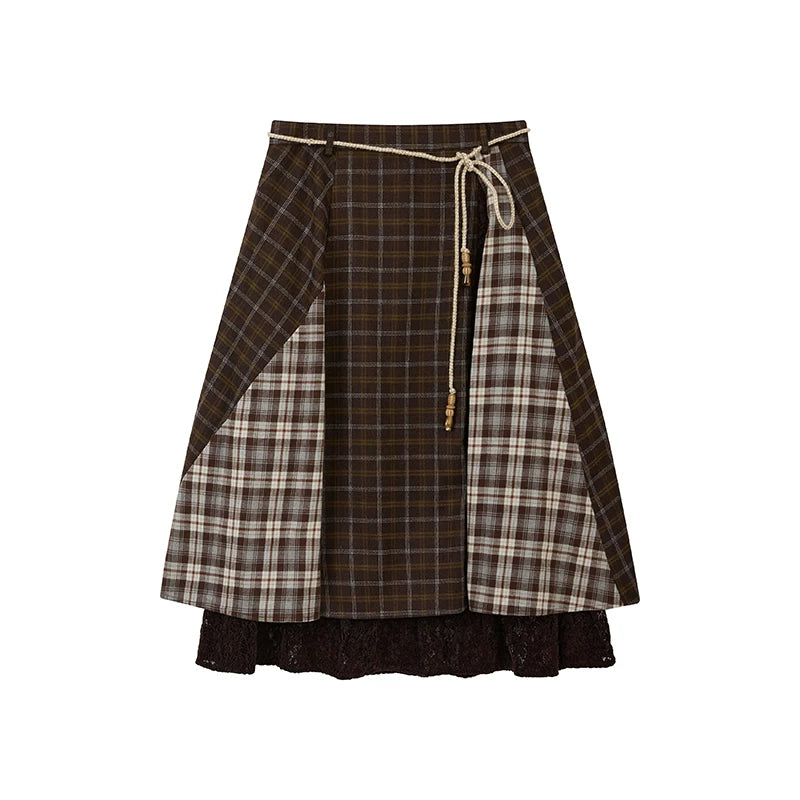 Vintage Plaid Lace Patchwork Layered Midi Skirt Main image