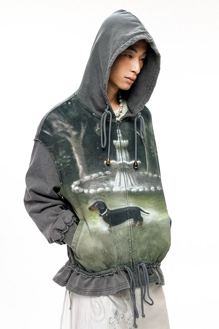 Jack Graphic Distressed Ruched Patchwork Zip-Up Hoodie