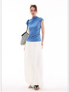 French-Inspired Mock Neck Ruched Slim-Fit Cap Sleeve Top