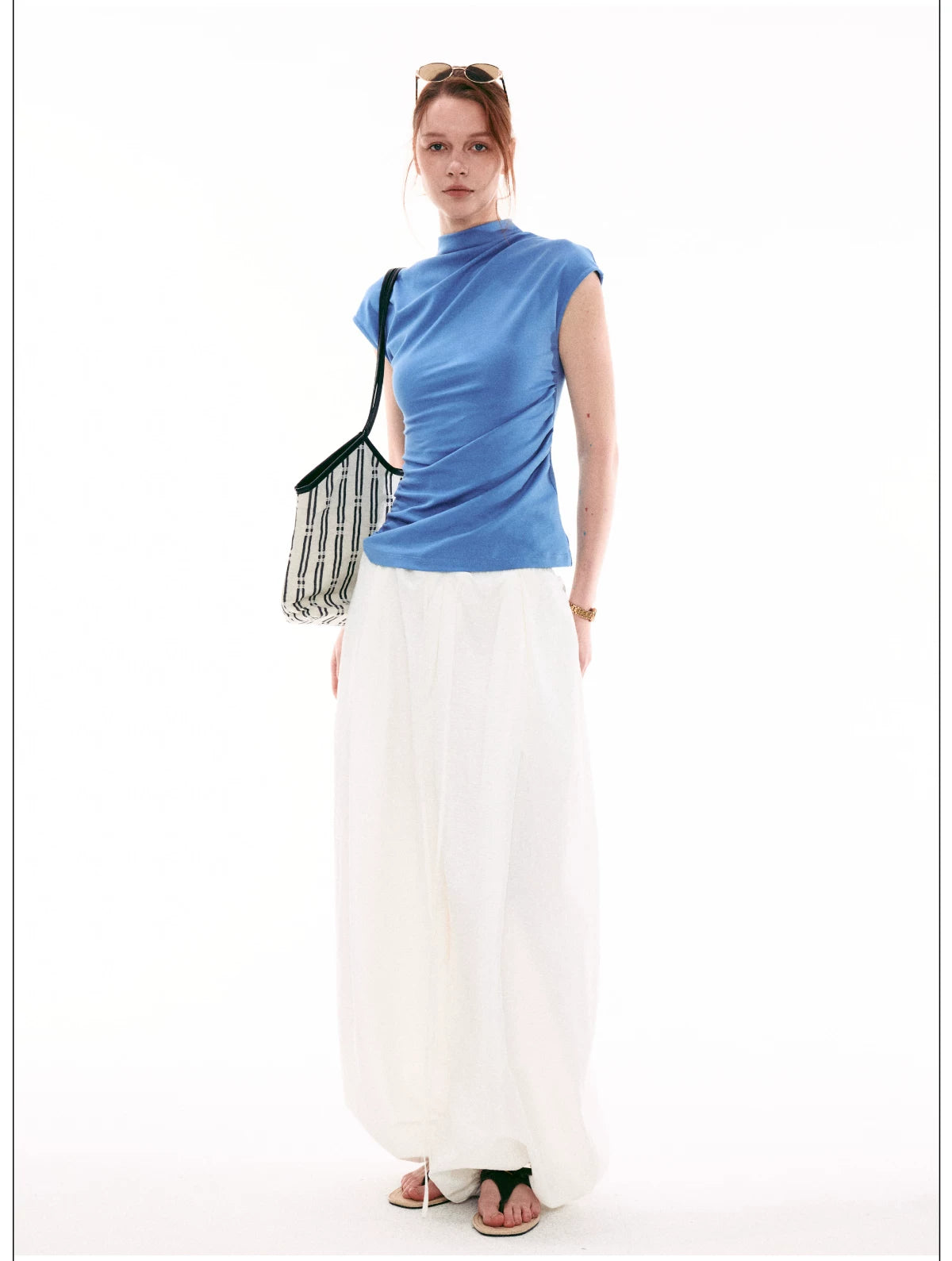 French-Inspired Mock Neck Ruched Slim-Fit Cap Sleeve Top