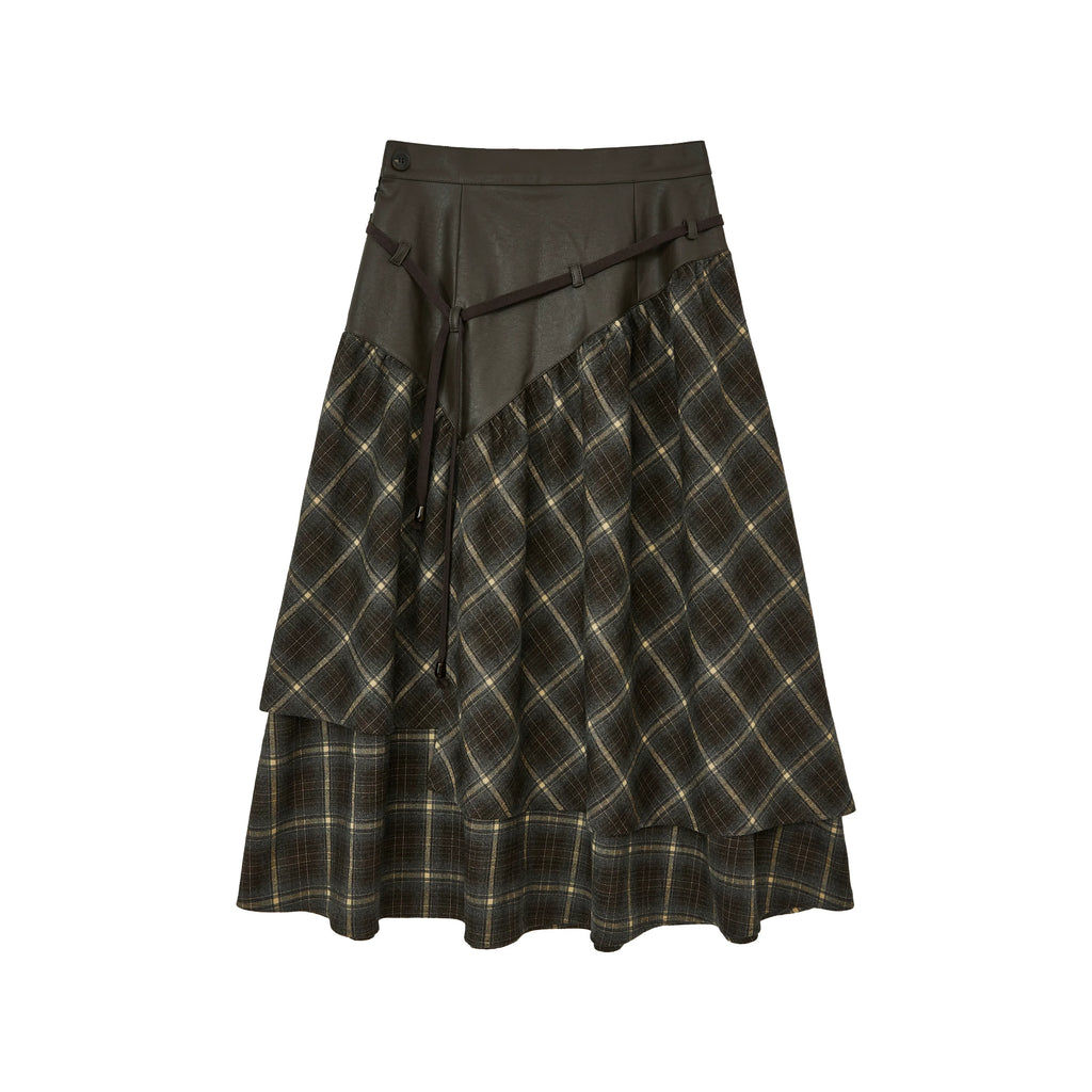 Patchwork Plaid Asymmetrical Drawstring Versatile Playful Maxi Skirt