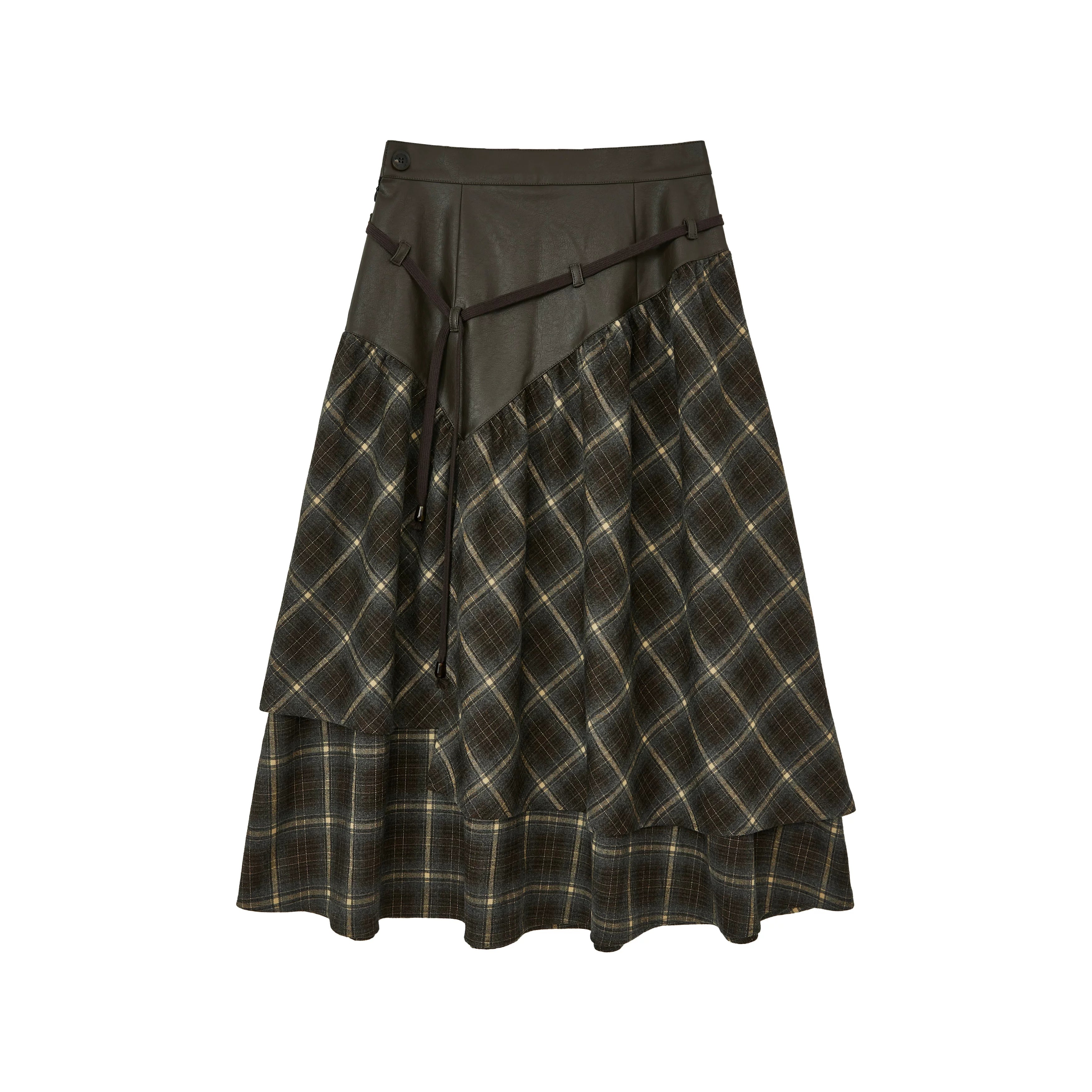 Patchwork Plaid Asymmetrical Drawstring Versatile Playful Maxi Skirt Main image